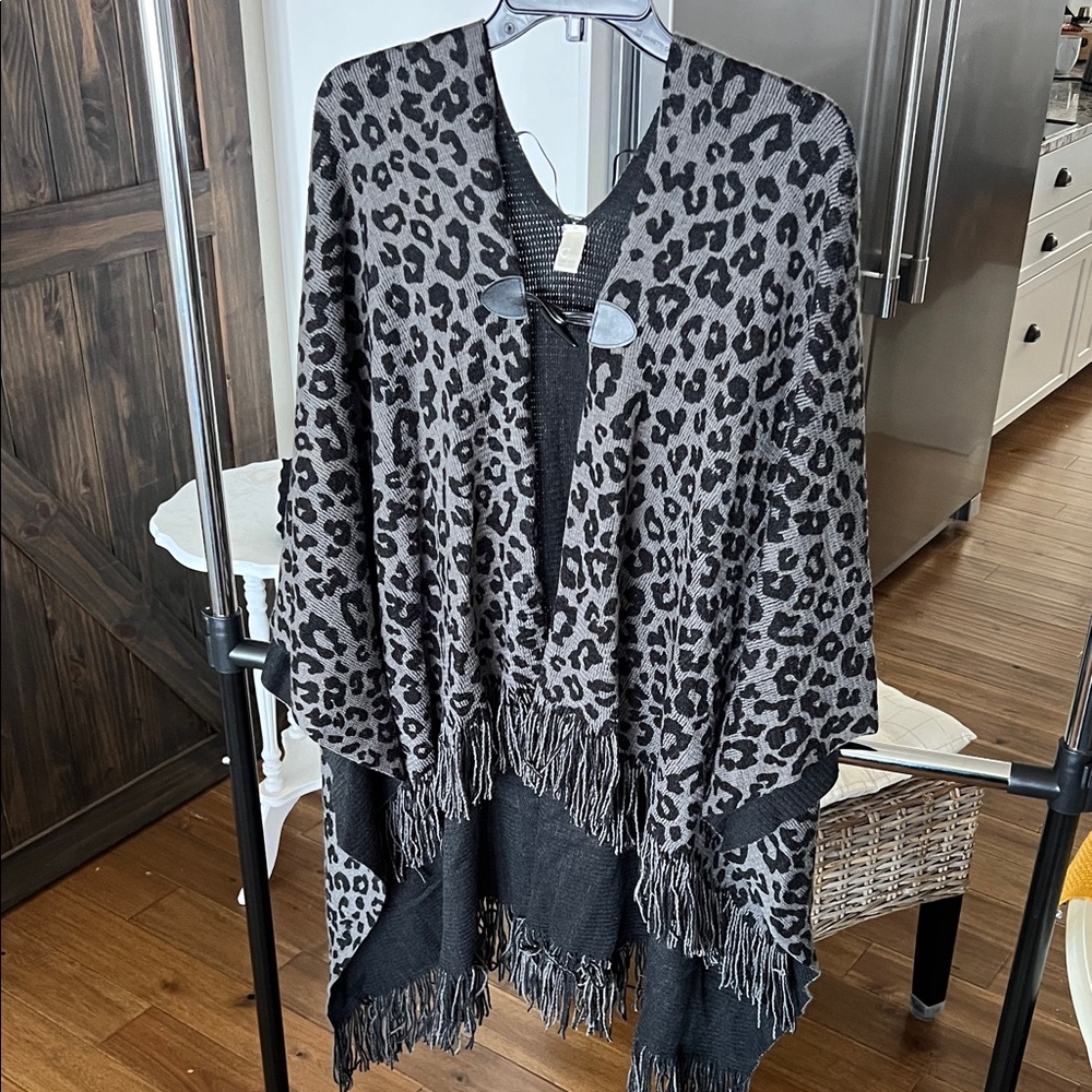 Leopard Print Fringe Poncho#1